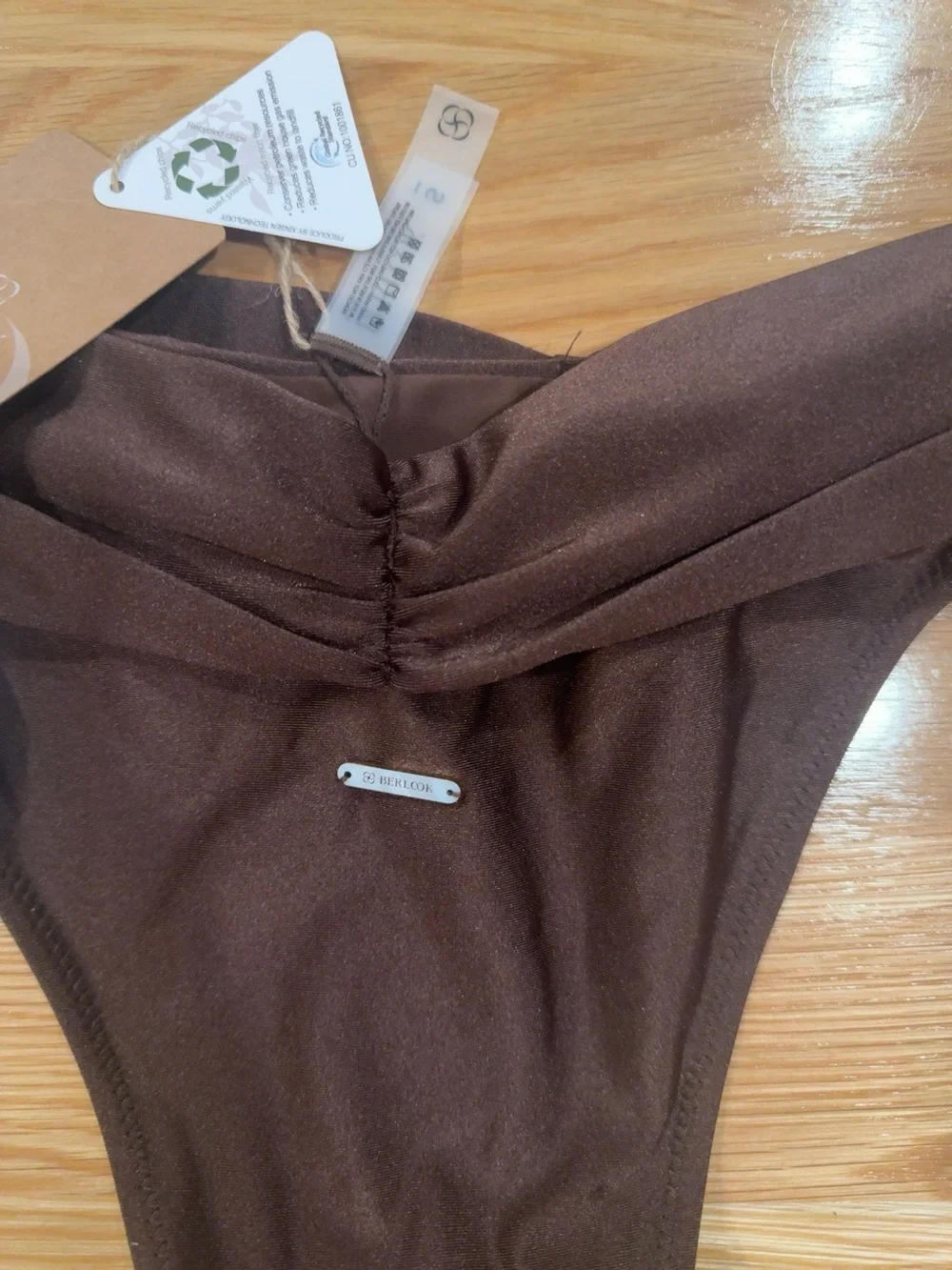 NWT Berlook Brown Ruched Bikini Bottom Size Small High Cut Cheeky Swim Bottom